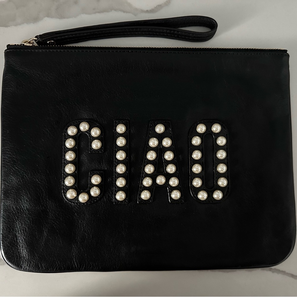 Rebecca Minkoff - CIAO - Faux Pearl Accent Studded Black Leather Wristlet Clutch